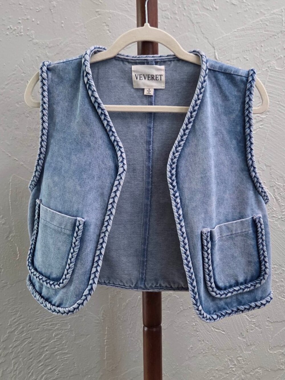 V87. Braided Trim Acid‎ Wash Denim Vest
